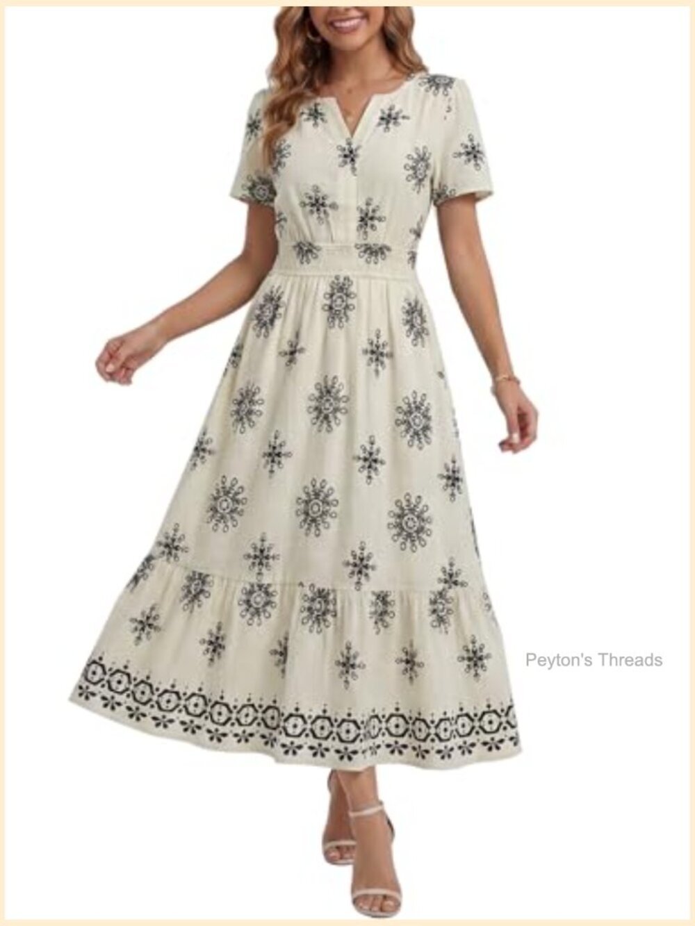 V Neck Short Sleeve Flowy Maxi Dress - Bohemian Floral Tiered Ruffle - Picture 2 of 4